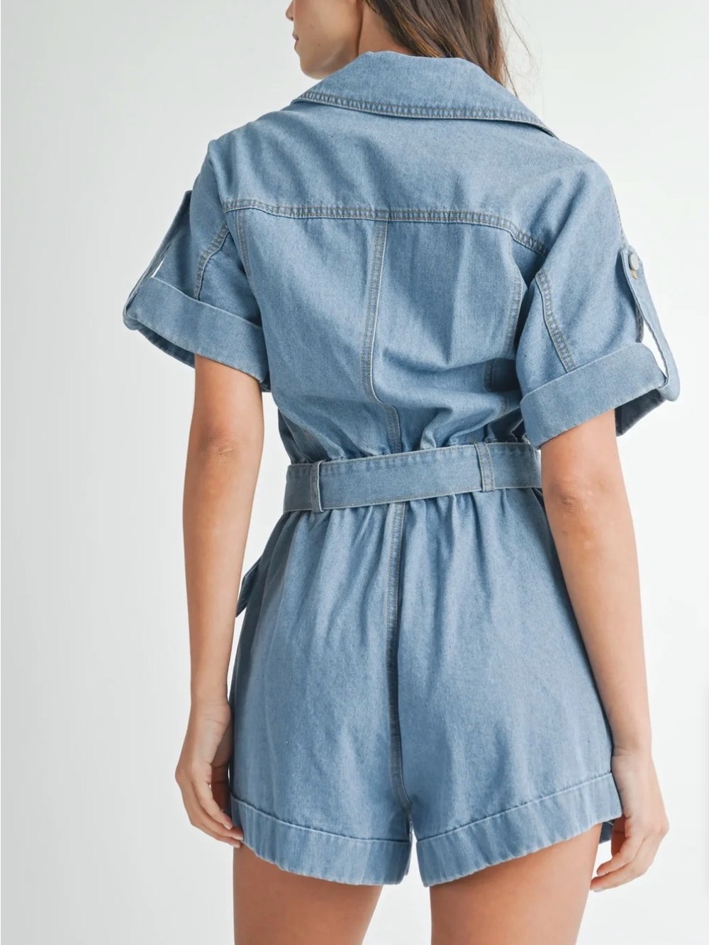 A610. Mable Light Wash Denim Short Jumpsuit Romper with Belt - Picture 5 of 6